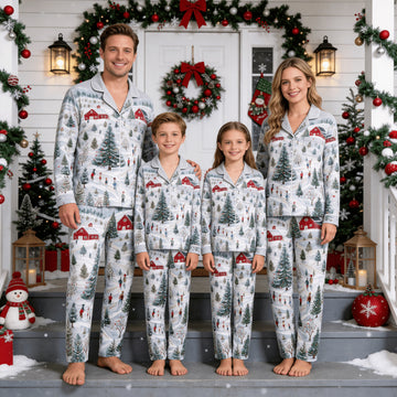 Family Matching Christmas Pajamas Set Two-Piece Long Sleeve Button-Down Sleepwear with Santa Gnomes & Christmas Time Lettering Print