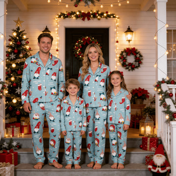Family Matching Christmas Pajamas Set Two-Piece Long Sleeve Button-Down Sleepwear with Holiday Gnomes & SLogan Print