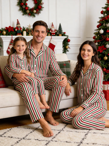 Matching Family Christmas Two-Piece Button-Down Long Sleeve PJS Set with Pockets Classic Red and Green Striped Festive Holiday Matching Outfits for Adults Kids