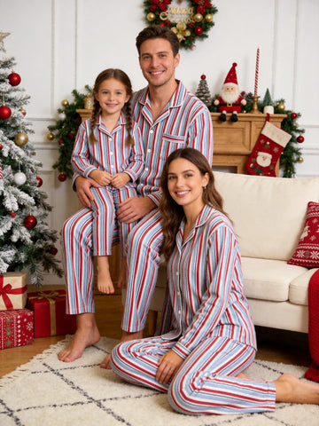 Matching Family Christmas Two-Piece Button-Down Long Sleeve PJS Set with Pockets Classic Red and Light Blue Striped Festive Holiday Matching Outfits for Adults Kids