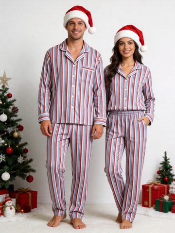 Matching Family Christmas Two-Piece Button-Down Long Sleeve PJS Set with Pockets Classic Red and Light Blue Striped Festive Holiday Matching Pajamas