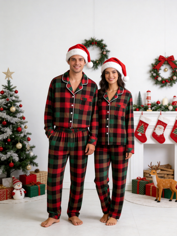 Couple Christmas Two-Piece Button Front Red and Forest Green and Blue Plaid Festive Holiday PJS Set