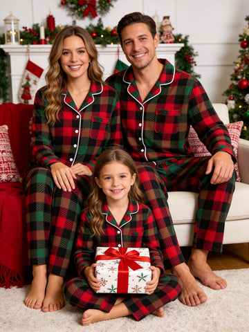 Family Christmas Two-Piece Button Front Long Sleeve Pants with Pockets Traditional Red and Forest Green and Blue Plaid Festive Holiday PJS Set Cozy Soft Winter Wear for Mom Dad Kids