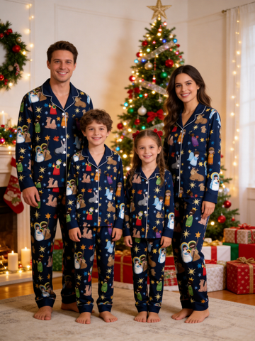 Matching Family Christmas Pajamas Set - Navy Blue Nativity Scene Long-Sleeve Button-Down Sleepwea