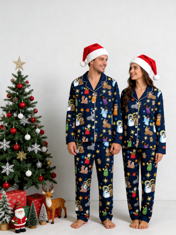 Matching Couple Christmas Pajamas Set - Navy Blue Nativity Scene Long-Sleeve Button-Down Sleepwea
