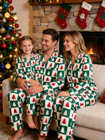 Matching Family Christmas Pajamas - Green & Red Christmas Tree Block Check Button-Down Sleep Set