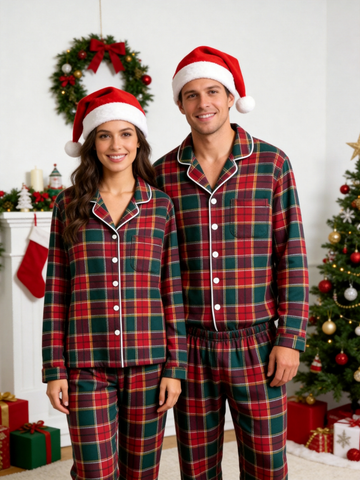 Couple Matching Christmas Two-Piece Button Up Long Sleeve PJS Set