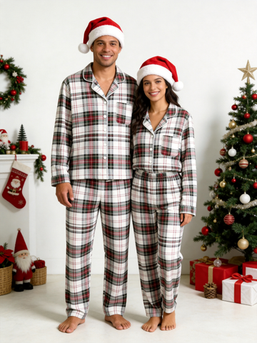 Matching Couple Christmas Two-Piece Button Up Long Sleeve PJS Set with Pockets