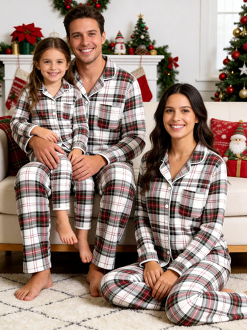 Fun Matching Family Christmas Two-Piece Button Up Long Sleeve PJS Set with Pockets Bright Red and White Plaid Festive Holiday Party Outfits for Family Photos
