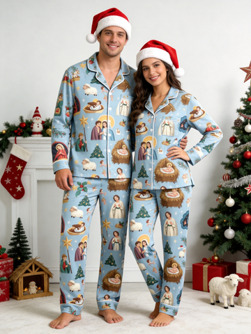 Holy Night Nativity Scene Jesus Couple Christmas Two-Piece Button Up Long Sleeve Pajamas