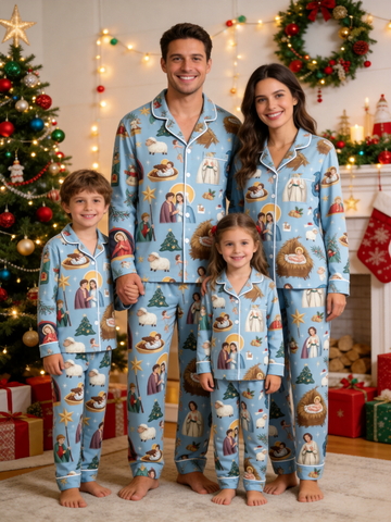 Holy Night Nativity Scene Jesus Family Christmas Two-Piece Button Up Long Sleeve Pants Pockets PJS Stable and Three Wise Men Print Festive Wear