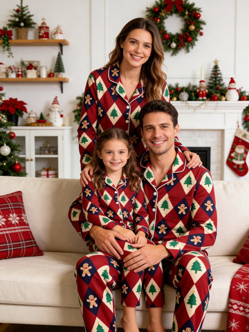 Festive Gingerbread Family Christmas Two-Piece Button-Down PJS Long Sleeve Pants Pockets Cute Candy Print Winter Holiday Matching Sets
