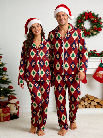 Festive Gingerbread Couple Christmas Two-Piece Button-Down PJS Long Sleeve Pants Pockets Cute Candy Print Winter Holiday Matching Sets