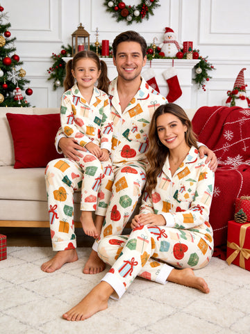 Two-Piece Set Festive Gift Box and Ribbon Family Christmas Two-Piece Button-Down Long Sleeve PJS Set Pockets Mystery Holiday Festival Party Matching Outfits