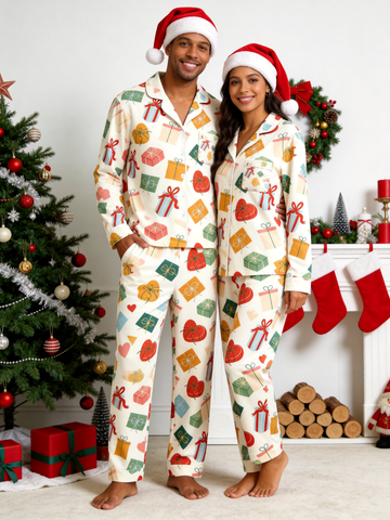 Two-Piece Set Festive Gift Box and Ribbon Couple Christmas  Button-Down Long Sleeve PJS Set