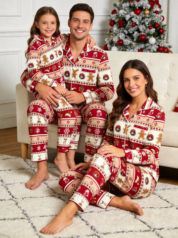 Festive Gingerbread and Elk Print Family Christmas Two-Piece Button-Down PJS Long Sleeve Pants Pockets Cute Candy Print Winter Holiday Matching Sets