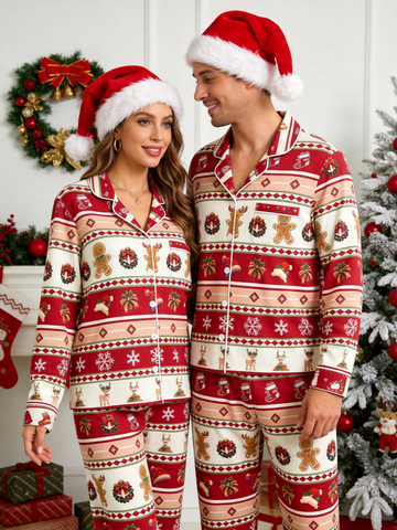 Festive Gingerbread and Elk Print Couple Christmas Two-Piece Button-Down PJS