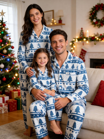 Two-Piece Set Classic Christmas Tree and Snowflakes Print Family Christmas Two-Piece Button Closure PJS Long Sleeve Pants with Pocket Party Outfits