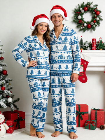 Two-Piece Set Classic Christmas Tree and Snowflakes Print Couple Christmas Pajamas