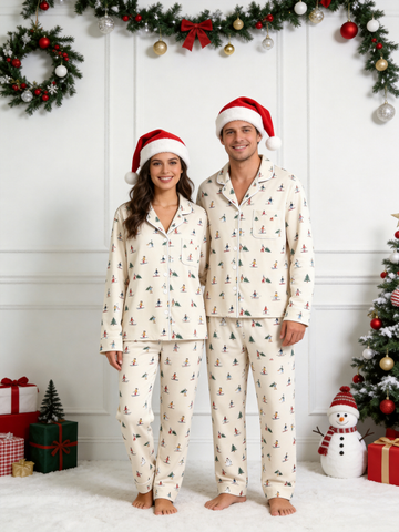 Two-Piece Set Matching Couple Christmas Two-Piece Button-Down Long Sleeve PJS Set with Pockets Cute Skiing and Winter Print Festive Holiday Matching Pajamas