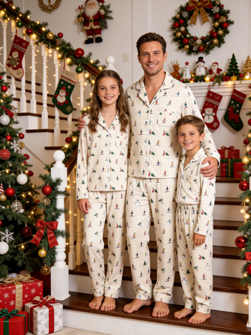 Two-Piece Set Matching Family Christmas Two-Piece Button-Down Long Sleeve PJS Set with Pockets Cute Skiing and Winter Print Festive Holiday Matching Outfits for Adults Kids