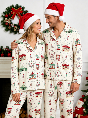Two-Piece Set Matching Couple Christmas Button-Down Long Sleeve PJS Set with Pockets Cute Circus and Carnival Print Festive Holiday Matching Pajamas