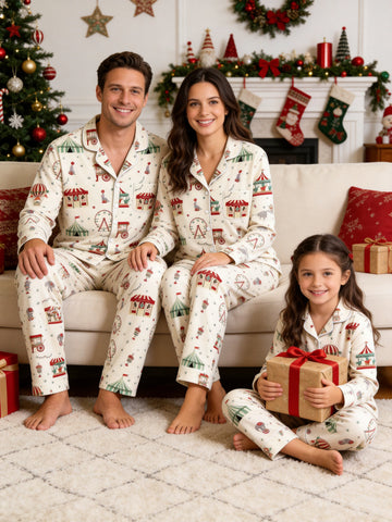 Two-Piece Set Matching Family Christmas Two-Piece Button-Down Long Sleeve PJS Set with Pockets Cute Circus and Carnival Print Festive Holiday Matching Outfits for Adults Kids