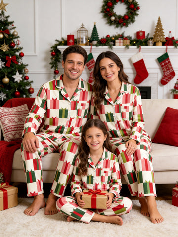 Two-Piece Set Matching Family Christmas Two-Piece Button-Down Long Sleeve PJS Set with Pockets Festive Holiday Gift Box Print Matching Outfits for Adults Kids