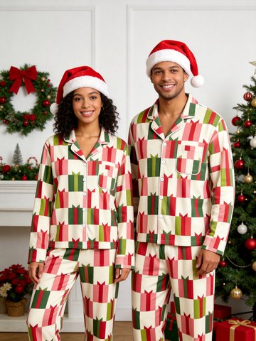 Two-Piece Set Matching Couple Christmas Two-Piece Button-Down Long Sleeve PJS Set with Pockets Festive Holiday Gift Box Print Matching Pajamas