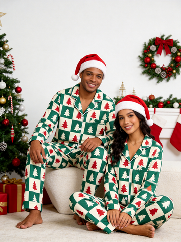 Matching Couple Christmas Pajamas - Green & Red Christmas Tree Block Check Button-Down Sleep Set