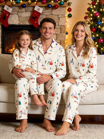 Matching Family Christmas Pajamas - Cozy Winter Village & Deer Print Button-Down Sleepwear