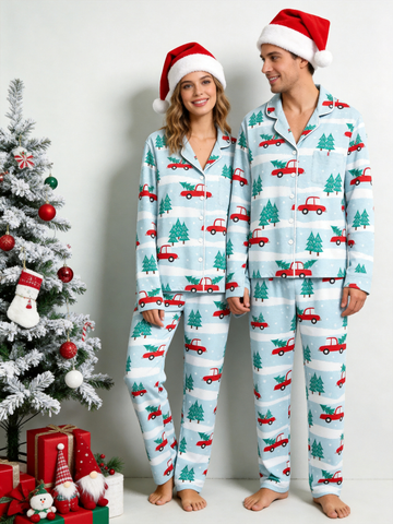 Two-Piece Set Festive Red Truck Print Couple Christmas Two-Piece Button-Down PJS Long Sleeve Top and Pants with Pockets Winter Holiday Sets