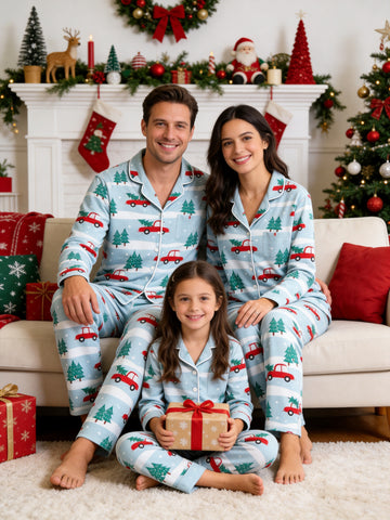 Two-Piece Set Festive Red Truck Print Family Christmas Two-Piece Button-Down PJS Long Sleeve Top and Pants with Pockets Winter Holiday Sets