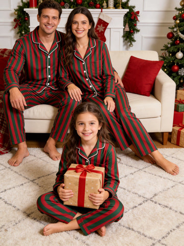 Matching Family Christmas Pajamas - Red & Green Vertical Striped Button-Down Sleep Set