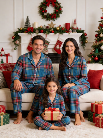 Matching Family Christmas Pajamas - Blue Multi-Color Tartan Plaid Button-Down Sleepwear