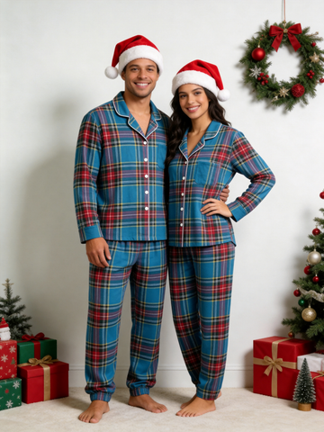 Matching Couple Christmas Pajamas - Blue Multi-Color Tartan Plaid Button-Down Sleepwear