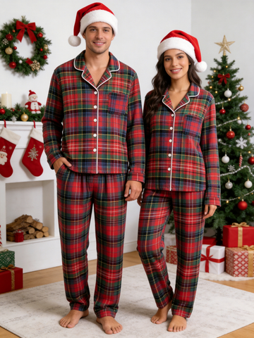 Matching Couple Christmas Pajamas - Traditional Red & Green Tartan Plaid Button-Down Set