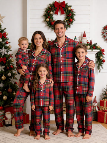 Matching Family Christmas Pajamas - Traditional Red & Green Tartan Plaid Button-Down Set
