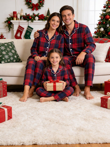 Matching Family Christmas Pajamas - Red & Navy Blue Tartan Plaid Button-Down Sleep Set