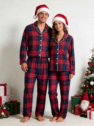Matching Couple Christmas Pajamas - Red & Navy Blue Tartan Plaid Button-Down Sleep Set