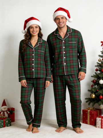 Matching Couple Christmas Pajamas - Dark Green & Red Tartan Plaid Button-Down Sleepwear