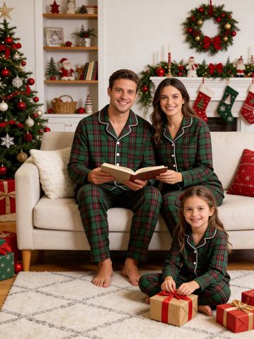 Matching Family Christmas Pajamas - Dark Green & Red Tartan Plaid Button-Down Sleepwear