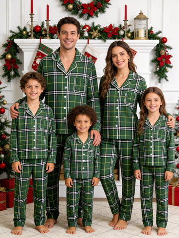 Matching Family Christmas Pajamas - Green & White Windowpane Plaid Button-Down Set