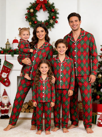 Matching Family Christmas Pajamas - Red & Green Argyle Diamond Plaid Button-Down Sleep Set