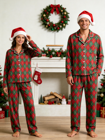 Matching Couple Christmas Pajamas - Red & Green Argyle Diamond Plaid Button-Down Sleep Set