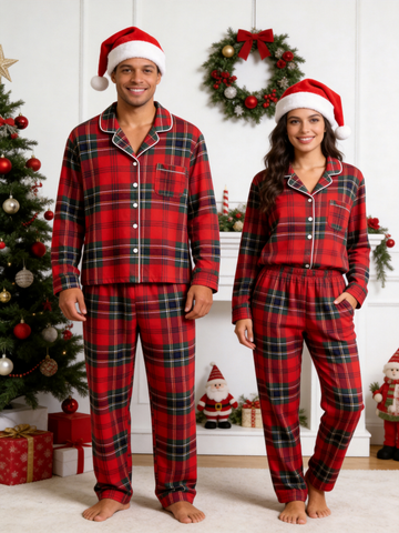 Matching Couple Christmas Pajamas - Bright Red & Green Tartan Plaid Button-Down Sleep Set