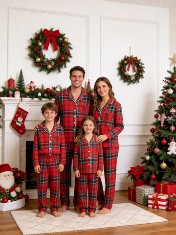 Matching Family Christmas Pajamas - Bright Red & Green Tartan Plaid Button-Down Sleep Set