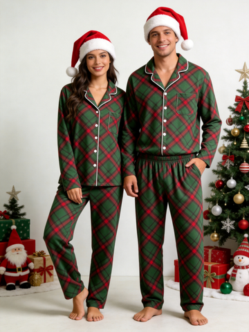 Matching Couple Christmas Pajamas - Dark Green & Red Diagonal Plaid Button-Down Set