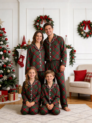 Matching Family Christmas Pajamas - Dark Green & Red Diagonal Plaid Button-Down Set