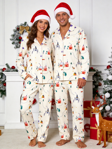 Matching Couple Christmas Pajamas - Cozy Winter Village & Deer Print Button-Down Sleepwear